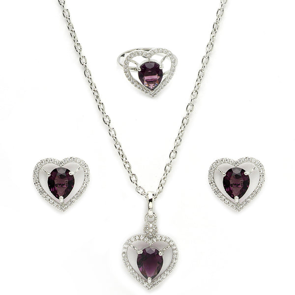 Rhodium Plated Silver Toned Heart Shaped Violet American Diamond Studded Pendant Combo With Ring