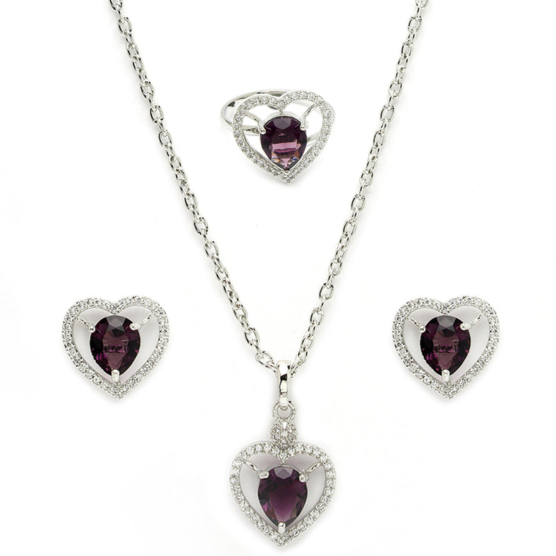 Rhodium Plated Silver Toned Heart Shaped Violet American Diamond Studded Pendant Combo With Ring