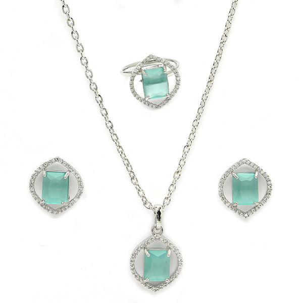 Rhodium Plated Silver Toned Sea Blue American Diamond Studded Pendant Combo With Ring