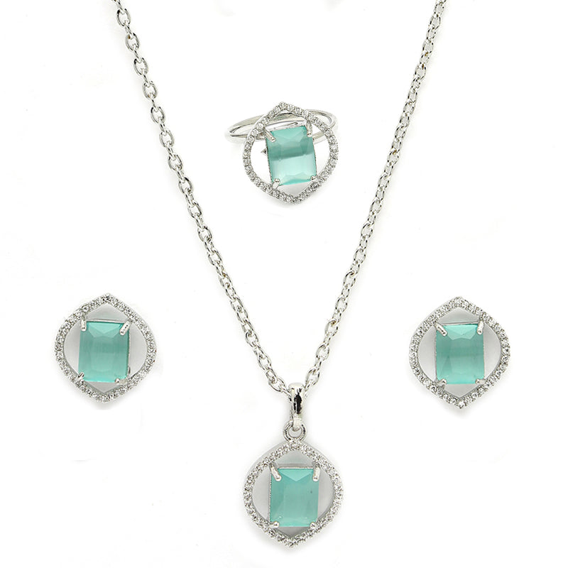 Rhodium Plated Silver Toned Sea Blue American Diamond Studded Pendant Combo With Ring