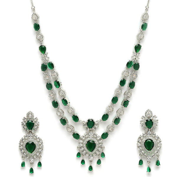 Rhodium Plated Silver Toned Emerald Green American Diamond Stone Studded Jewellery Set