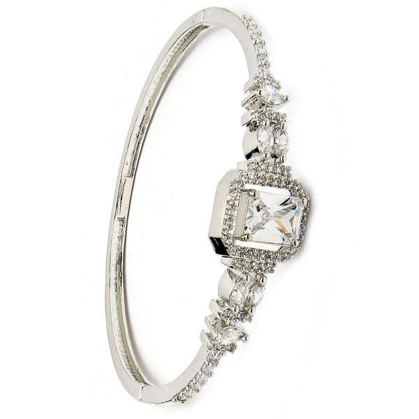 Rhodium Plated Silver Toned White Rectangle American Diamond Studded Cuff Bracelet