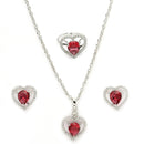 Rhodium Plated Silver Toned Heart Shaped Ruby Red American Diamond Studded Pendant Combo With Ring