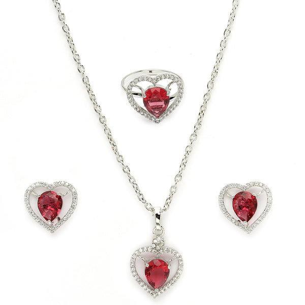 Rhodium Plated Silver Toned Heart Shaped Ruby Red American Diamond Studded Pendant Combo With Ring