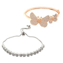 Rhodium-Plated Silver Toned White American Diamond studded Round & Butterfly Shaped Bracelet (Combo)