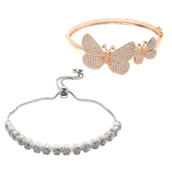 Rhodium-Plated Silver Toned White American Diamond studded Round & Butterfly Shaped Bracelet (Combo)