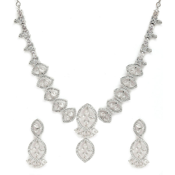 Rhodium Plated Silver Toned White American Diamond Studded Jewellery Set