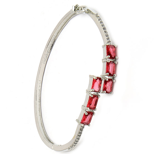 Rhodium Plated Silver Toned Red Baguette Cut American Diamond Studded Cuff Bracelet