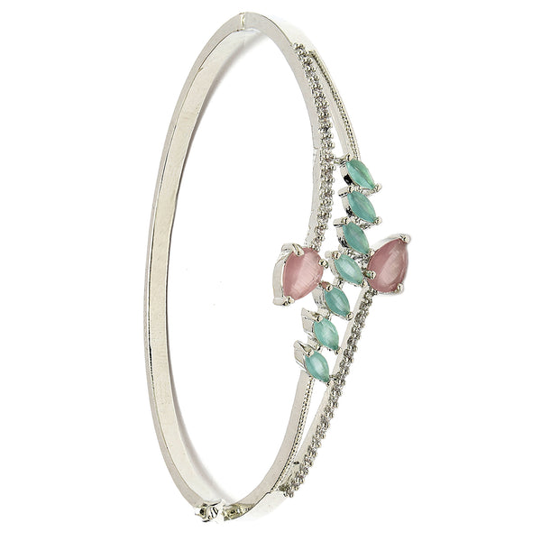 Rhodium Plated Silver Toned  Leaf Design Mint Green & Pink Teardrop American Diamond Studded Cuff Bracelet