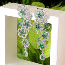 Rhodium-Plated Green & White American Diamond studded Floral Chandelier Drop Earrings