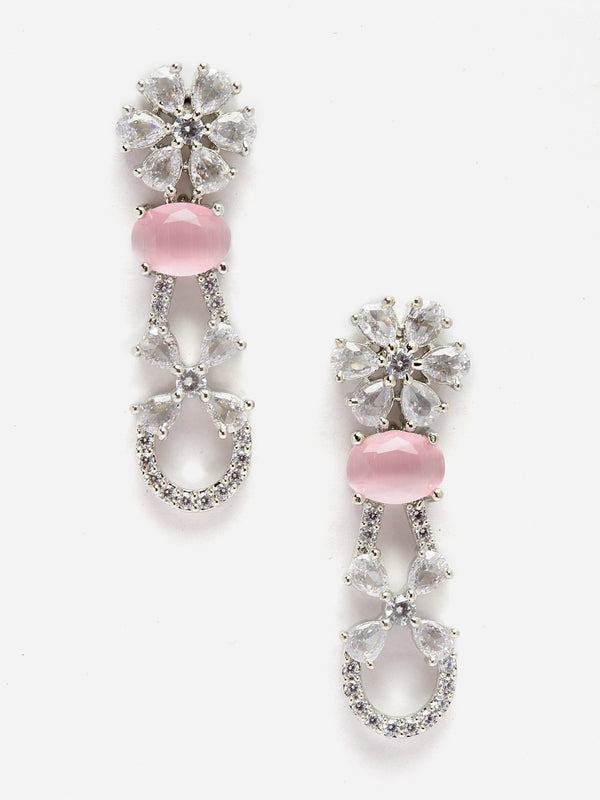 Rhodium-Plated Pink American Diamond studded Floral Shaped Drop Earrings