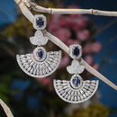 Rhodium-Plated Navy Blue & White American Diamond studded Leaf Shaped Drop Earrings