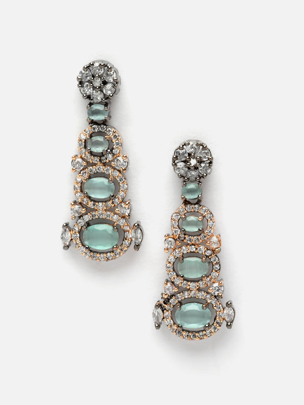Rose Gold-Plated Gunmetal Toned Sea Green American Diamond studded Quirky Shaped Drop Earrings