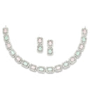 Rhodium-Plated Pink & Sea Green American Diamonds Studded Quadrate Shaped Necklace & Earrings Jewellery Set