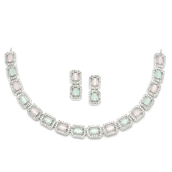 Rhodium-Plated Pink & Sea Green American Diamonds Studded Quadrate Shaped Necklace & Earrings Jewellery Set