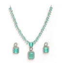 Rhodium Plated Silver Toned Sea Green American Diamond Studded Jewellery Set