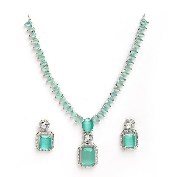 Rhodium Plated Silver Toned Sea Green American Diamond Studded Jewellery Set