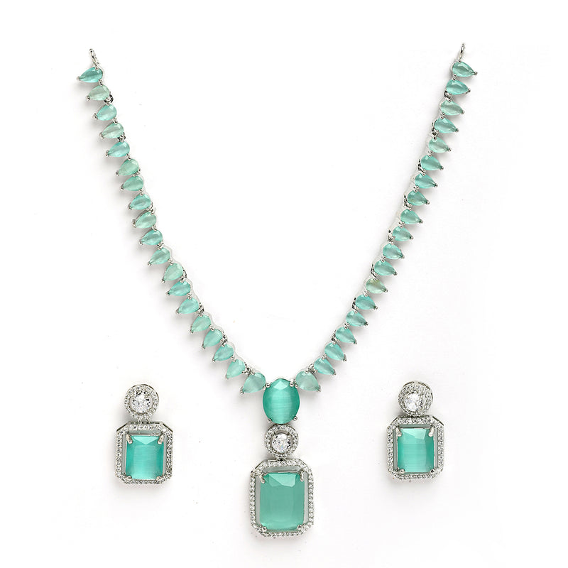 Rhodium Plated Silver Toned Sea Green American Diamond Studded Jewellery Set