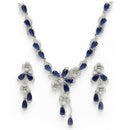 Rhodium Plated Silver Toned Blue & White American Diamond Studded Necklace Set