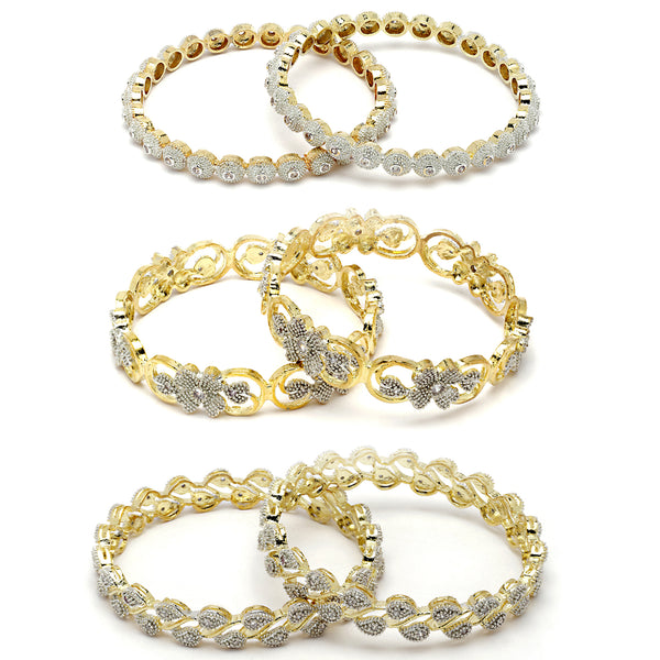 Set Of 6 Gold-Plated White American Diamond studded Dual Toned Multi Design Bangles