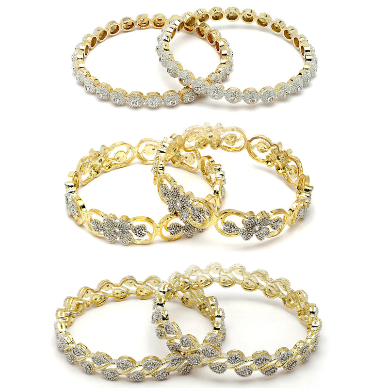 Set Of 6 Gold-Plated White American Diamond studded Dual Toned Multi Design Bangles