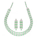 Rhodium-Plated Green American Diamond Studded Layered Necklace & Earrings Jewellery Set