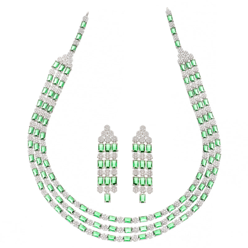 Rhodium-Plated Green American Diamond Studded Layered Necklace & Earrings Jewellery Set