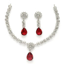 Rhodium Plated Silver Toned Teardrop Shaped Ruby American Diamond Studded Necklace Set