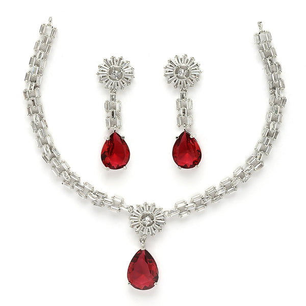 Rhodium Plated Silver Toned Teardrop Shaped Ruby American Diamond Studded Necklace Set