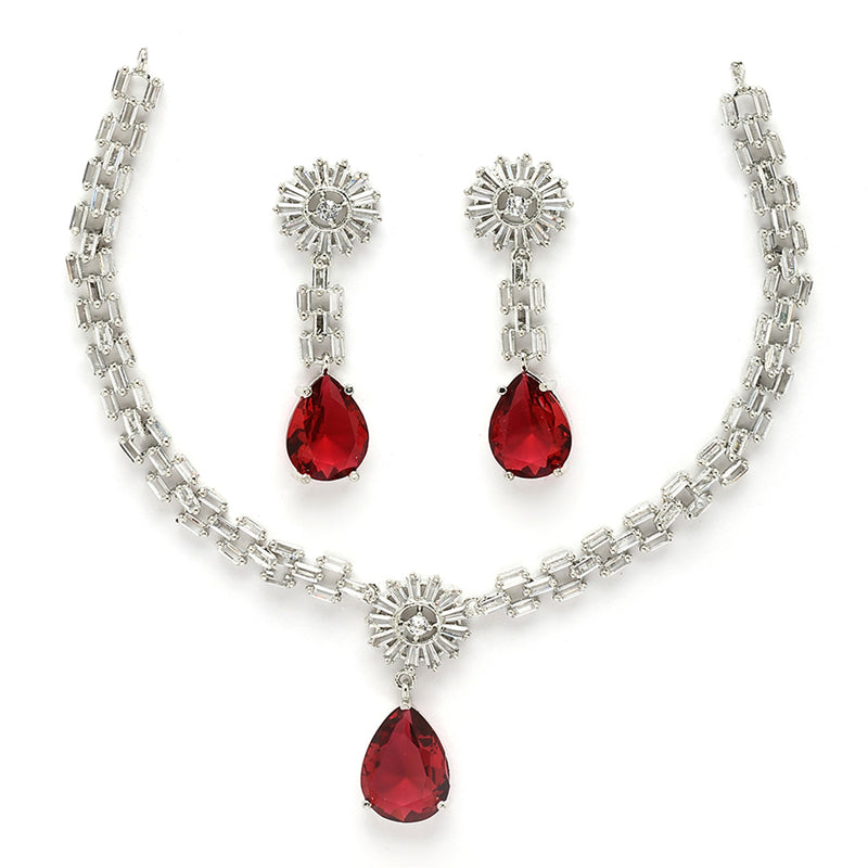 Rhodium Plated Silver Toned Teardrop Shaped Ruby American Diamond Studded Necklace Set