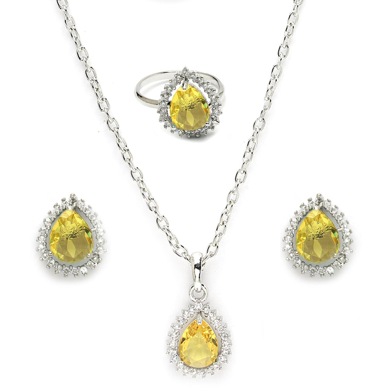 Rhodium Plated Silver Toned  Tear Dropped Shaped Yellow American Diamond Studded Pendant Combo With Ring