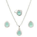 Rhodium Plated Silver Toned Tear Dropped Shaped Sea Blue American Diamond Studded Pendant Combo With Ring