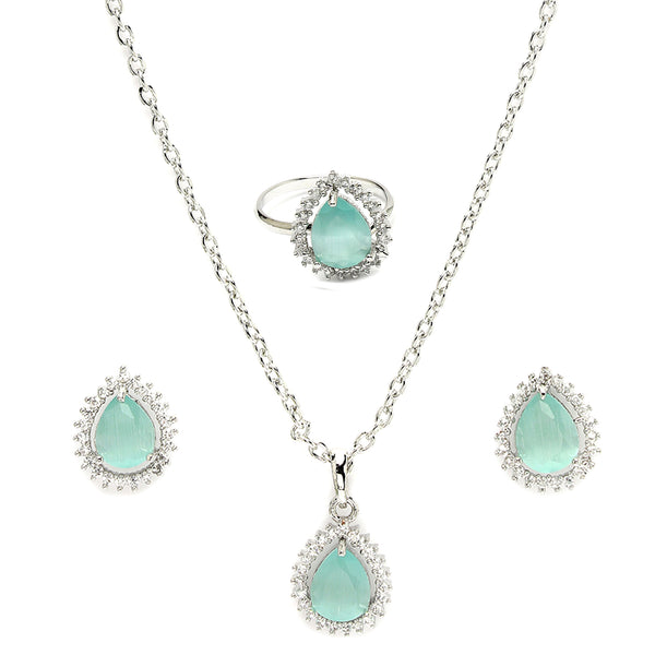 Rhodium Plated Silver Toned Tear Dropped Shaped Sea Blue American Diamond Studded Pendant Combo With Ring