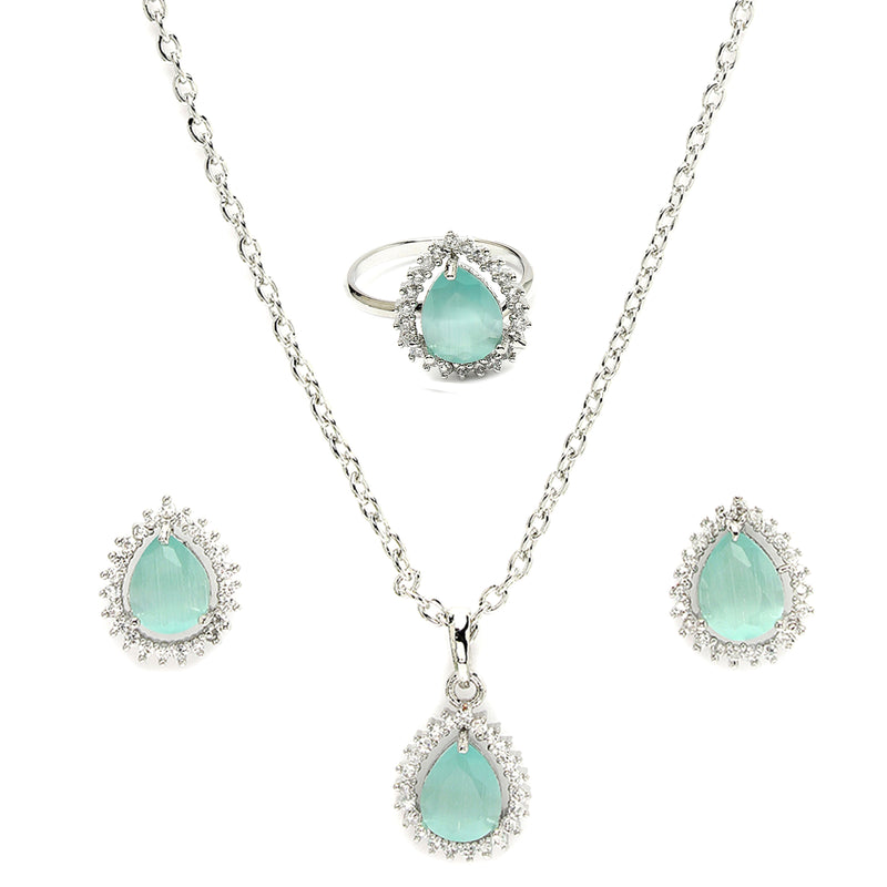 Rhodium Plated Silver Toned Tear Dropped Shaped Sea Blue American Diamond Studded Pendant Combo With Ring