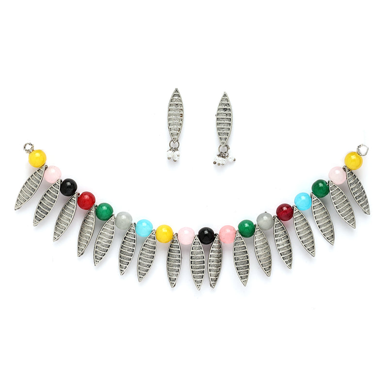 Oxidized Silver Leaf & Multicolor Pearl Studded Jewellery Set