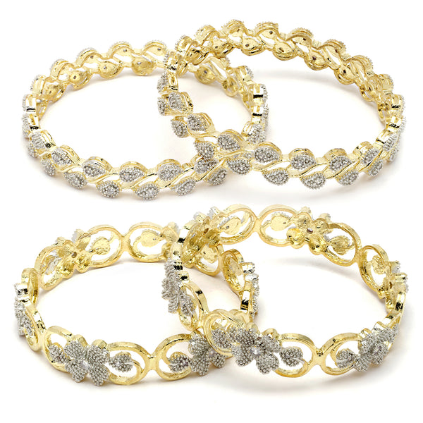 Set Of 4 Gold-Plated White American Diamond studded Dual Toned Paisley and Floral Design Bangles