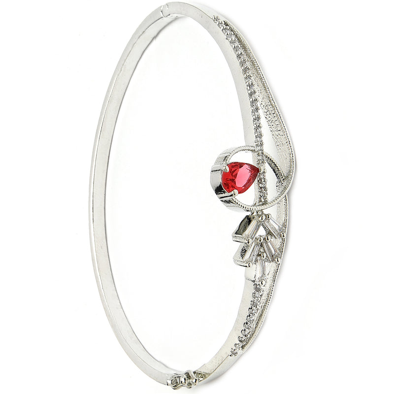 Rhodium Plated Silver Toned Red Teardrop  American Diamond Studded Cuff Bracelet
