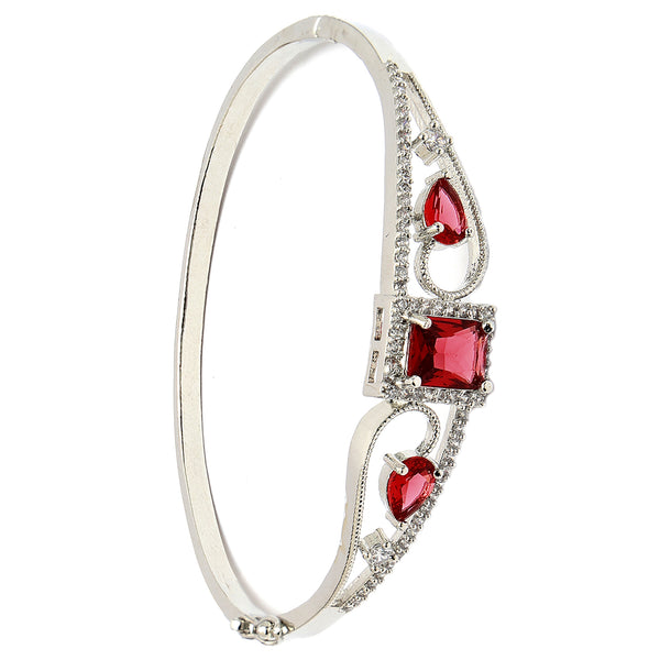 Rhodium Plated Silver Toned Red Square & Teardrop American Diamond Studded Cuff Bracelet