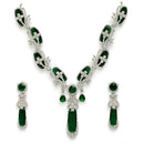 Rhodium Plated Silver Toned Emerald American Diamond Studded Necklace Set