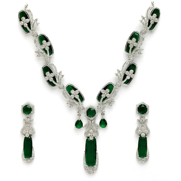 Rhodium Plated Silver Toned Emerald American Diamond Studded Necklace Set