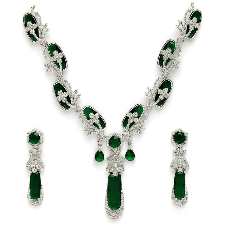 Rhodium Plated Silver Toned Emerald American Diamond Studded Necklace Set