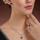 Rhodium Plated Silver Toned Heart Shaped Violet American Diamond Studded Pendant Combo With Ring
