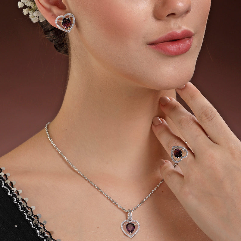 Rhodium Plated Silver Toned Heart Shaped Violet American Diamond Studded Pendant Combo With Ring