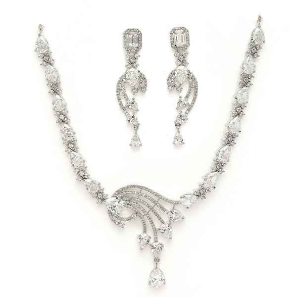 Rhodium Plated Silver Toned White American Diamond Studded Jewellery Set