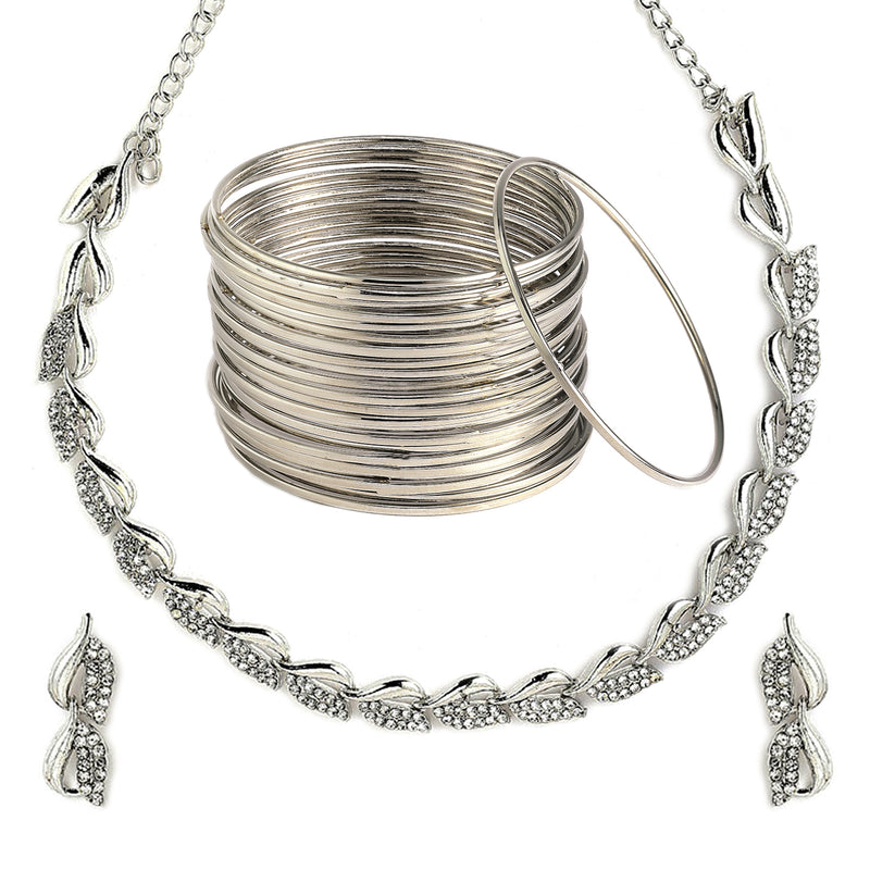 Leaf Shaped Silver-Plated & White American Diamond Studded Jewellery Set Combo