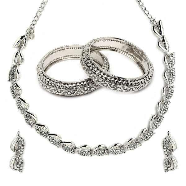 Rhodium-Plated with Silver-Tone White American Diamond Studded Jewellery Set Combo