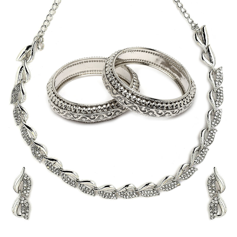 Rhodium-Plated with Silver-Tone White American Diamond Studded Jewellery Set Combo