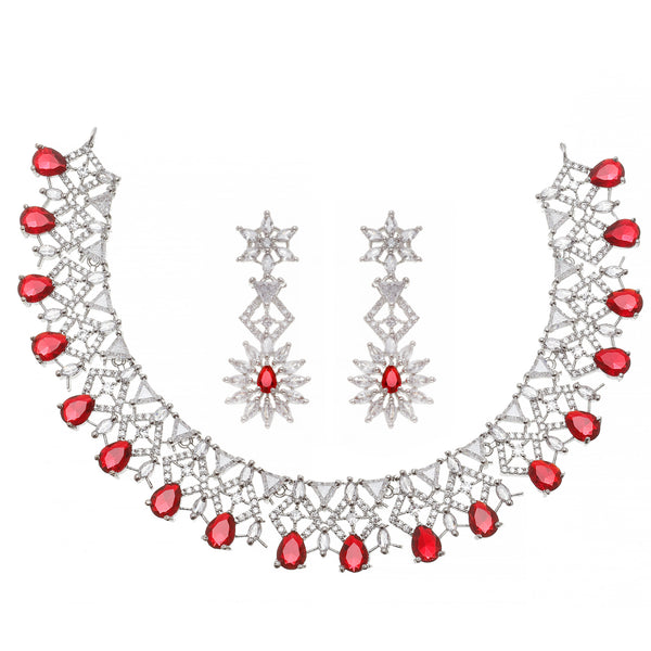 Rhodium-Plated Red & White Dribble Shape American Diamonds Studded Necklace & Earrings Jewellery Set