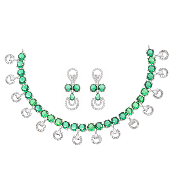 Rhodium-Plated Green American Diamonds Studded Contemporary Necklace & Earrings Jewellery Set