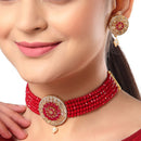 White & Red American Diamond-Studded & Beaded Gold-Plated Choker Jewellery Set